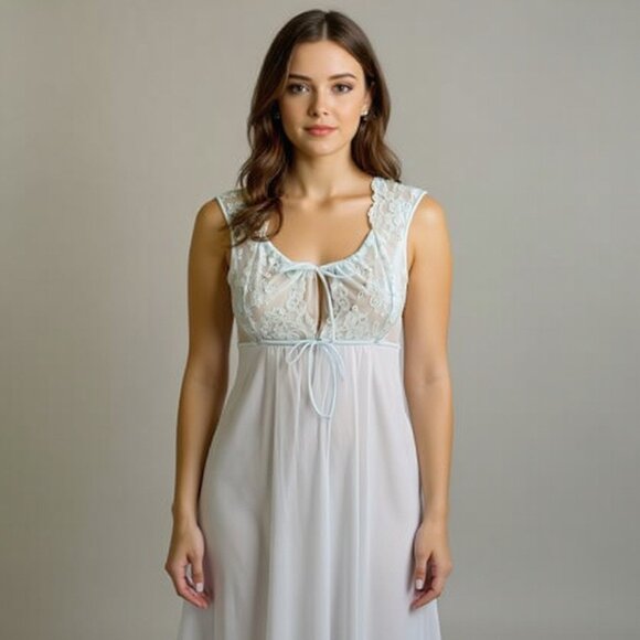 Vtg Shadowline Powder Pastel Blue Chiffon Overlay Lace Pearl Long Nightgown - Picture 1 of 15